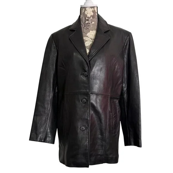 Katiana Couture Black Leather Blazer Jacket Womens Large Button-Up Lined Coat - Picture 1 of 8